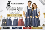 IBEX Professional Butcher Stripe Bib Apron  - Unisex Kitchen Apron for Chefs, Waiters, Bar Staff & Home Cooking, Adjustable Ties, One Size Fits Most