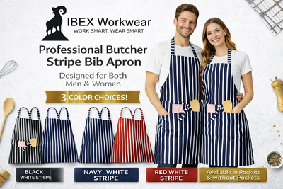 IBEX Professional Butcher Stripe Bib Apron  - Unisex Kitchen Apron for Chefs, Waiters, Bar Staff & Home Cooking, Adjustable Ties, One Size Fits Most