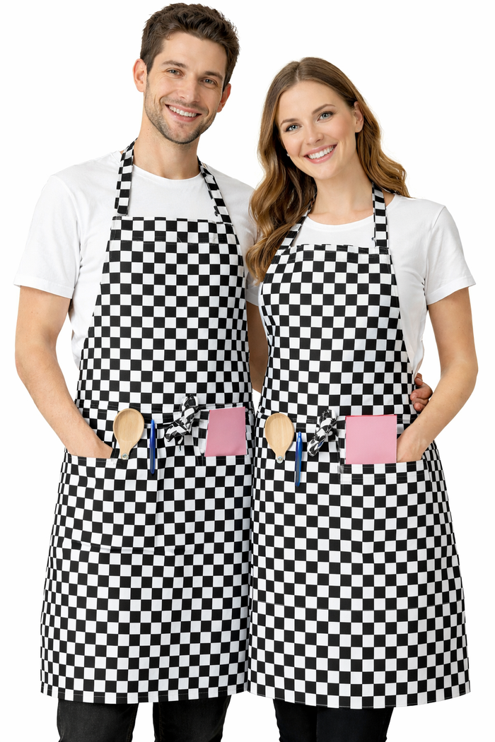 Black Pepper Unisex Polycotton Check Butcher Bib Aprons with Pocket, Professional Home Kitchen Apron