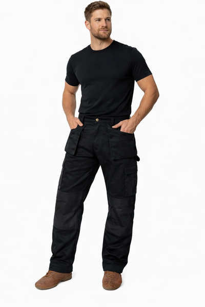 IBEX Multi Pockets Men's Combat Cargo Work Trousers with Knee Pad Pockets, Available in Full Black and Grey Colours