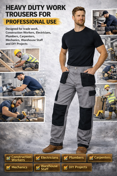 IBEX Multi Pockets Men's Combat Cargo Work Trousers with Knee Pad Pockets, Available in Full Black and Grey Colours