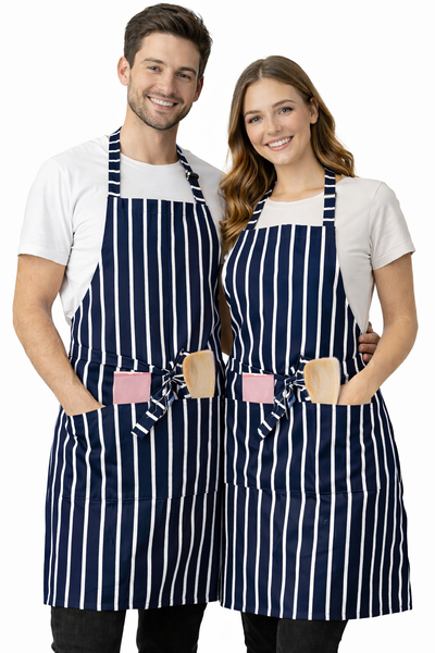 IBEX Professional Butcher Stripe Bib Apron  - Unisex Kitchen Apron for Chefs, Waiters, Bar Staff & Home Cooking, Adjustable Ties, One Size Fits Most