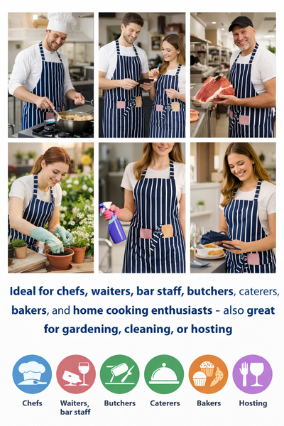 IBEX Professional Butcher Stripe Bib Apron  - Unisex Kitchen Apron for Chefs, Waiters, Bar Staff & Home Cooking, Adjustable Ties, One Size Fits Most