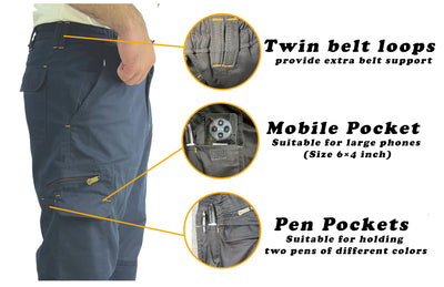 IBEX TR5 Men’s Cargo Work Trousers with Knee Pad Pockets  – Heavy Duty Multi-Pocket Builder Pants, (Black/Navy)