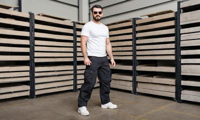 IBEX TS2 Men's Cargo Combat Work Trousers in Black Navy Waist with Knee Pad Pockets
