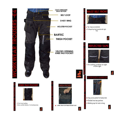 Ibex E4 Multi Pockets Mens Safety Work Trouser Workwear Cargo Pants with Knee Pad Pockets, Work Utility and Safety Trousers, Available in Black and Grey Colours, Sizes 28-50