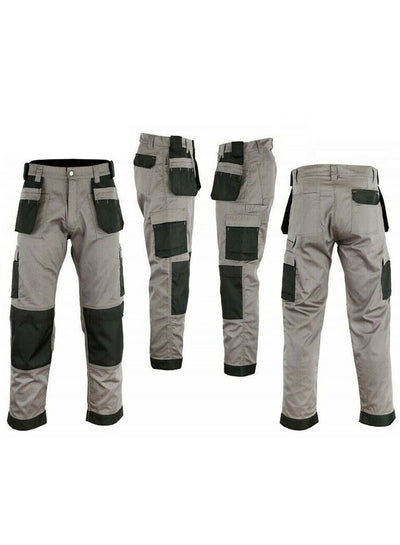 GRS Multi Pockets Mens Combat Cargo Work Trousers with Knee Pad Pockets, Full Black/Grey